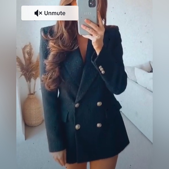 Zara Tweed Blazer Dress Jacket Suit Textured Black Gold Buttons Tailored M $119 - Picture 2 of 13